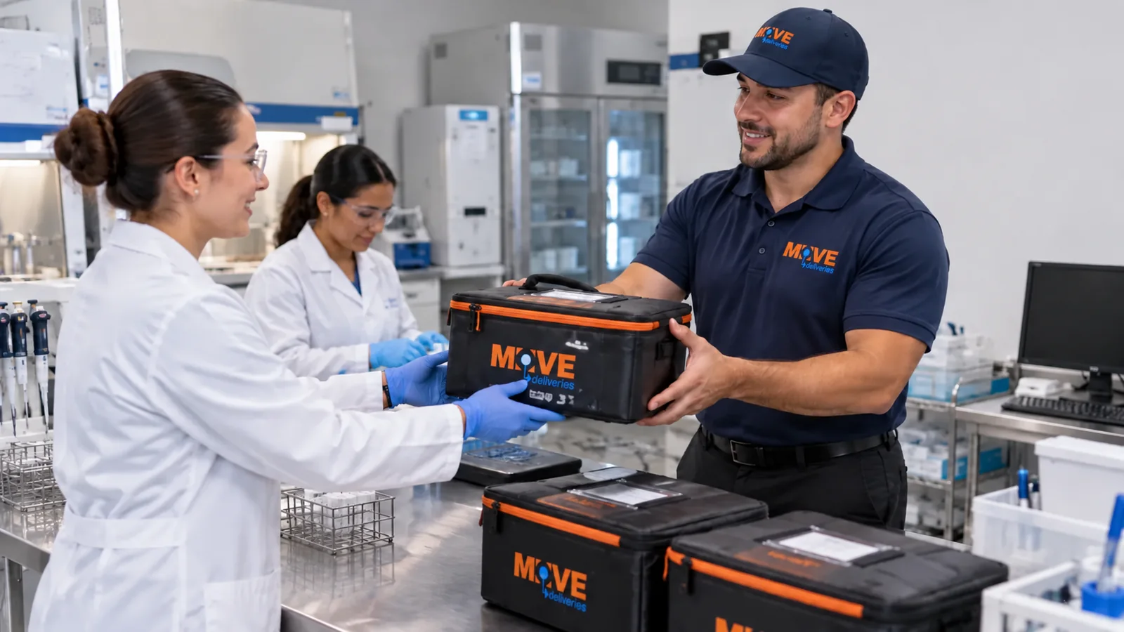 MOVE courier delivering closed transport cases to a laboratory receiving team