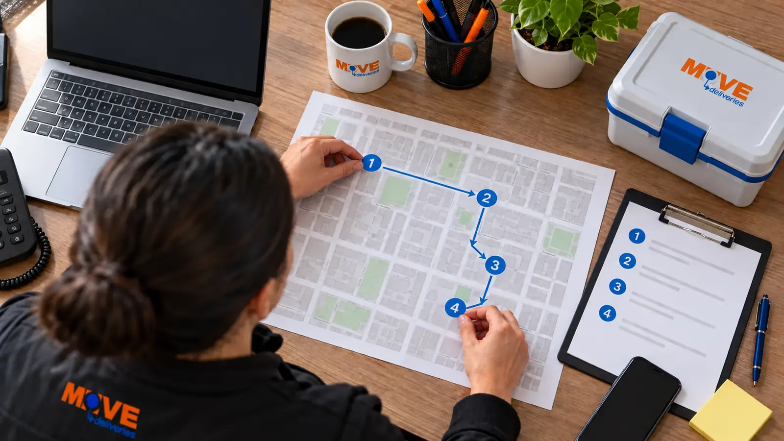 Dispatcher arranging four collection stops on a neighborhood street plan