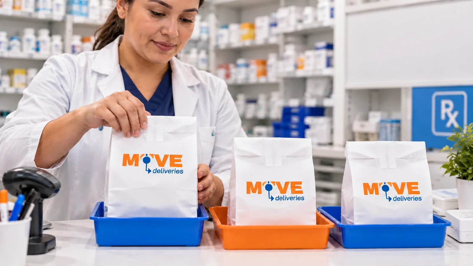 Pharmacy technician arranging sealed delivery bags in pickup trays