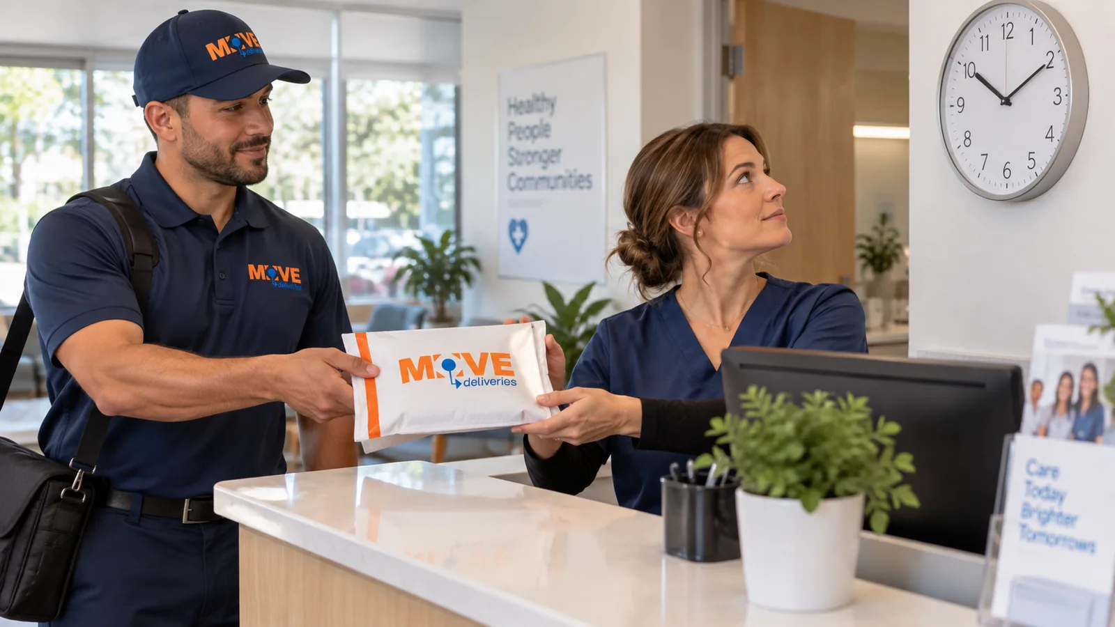 MOVE courier completing a scheduled handoff at a local clinic desk