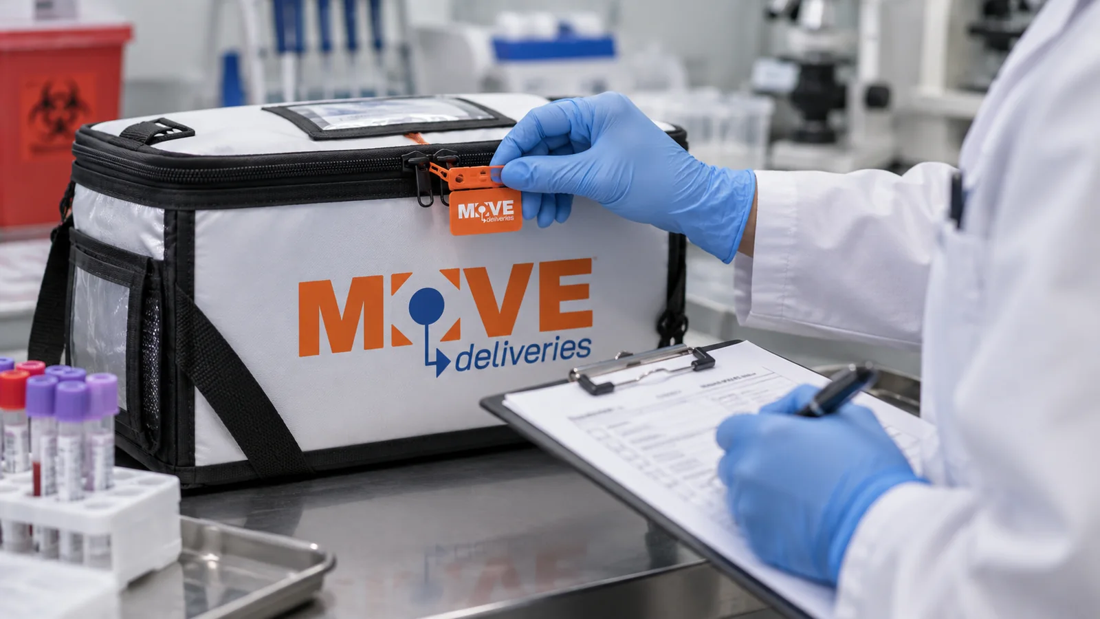 Closed specimen packaging checked at a laboratory pickup desk