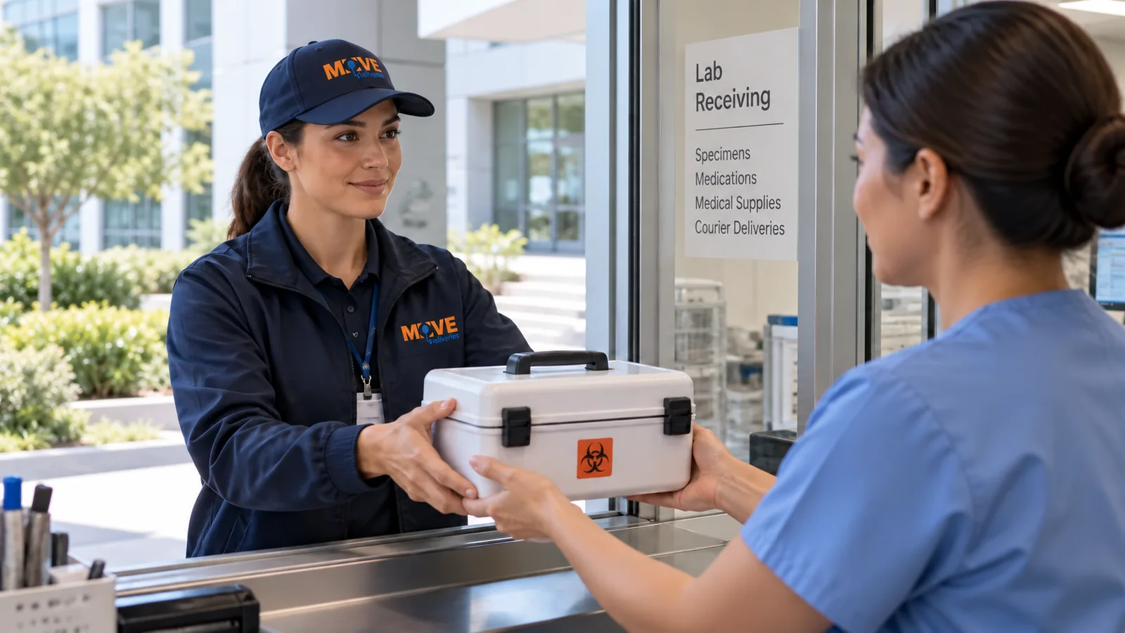 MOVE courier handing a closed medical case to hospital receiving staff