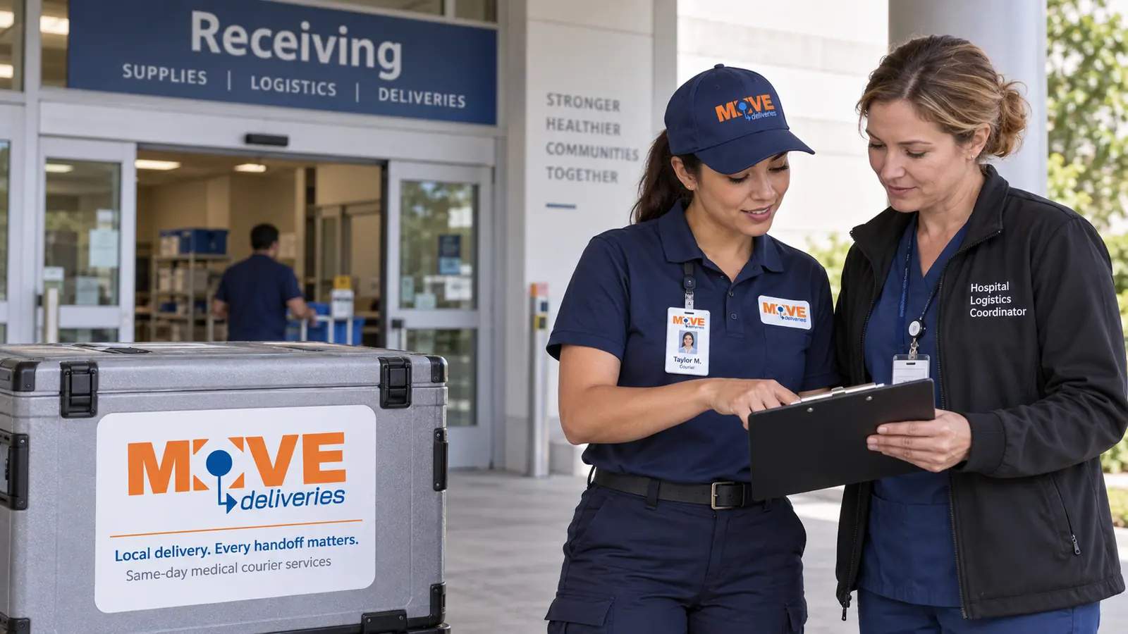 MOVE courier and hospital coordinator reviewing the daily pickup plan
