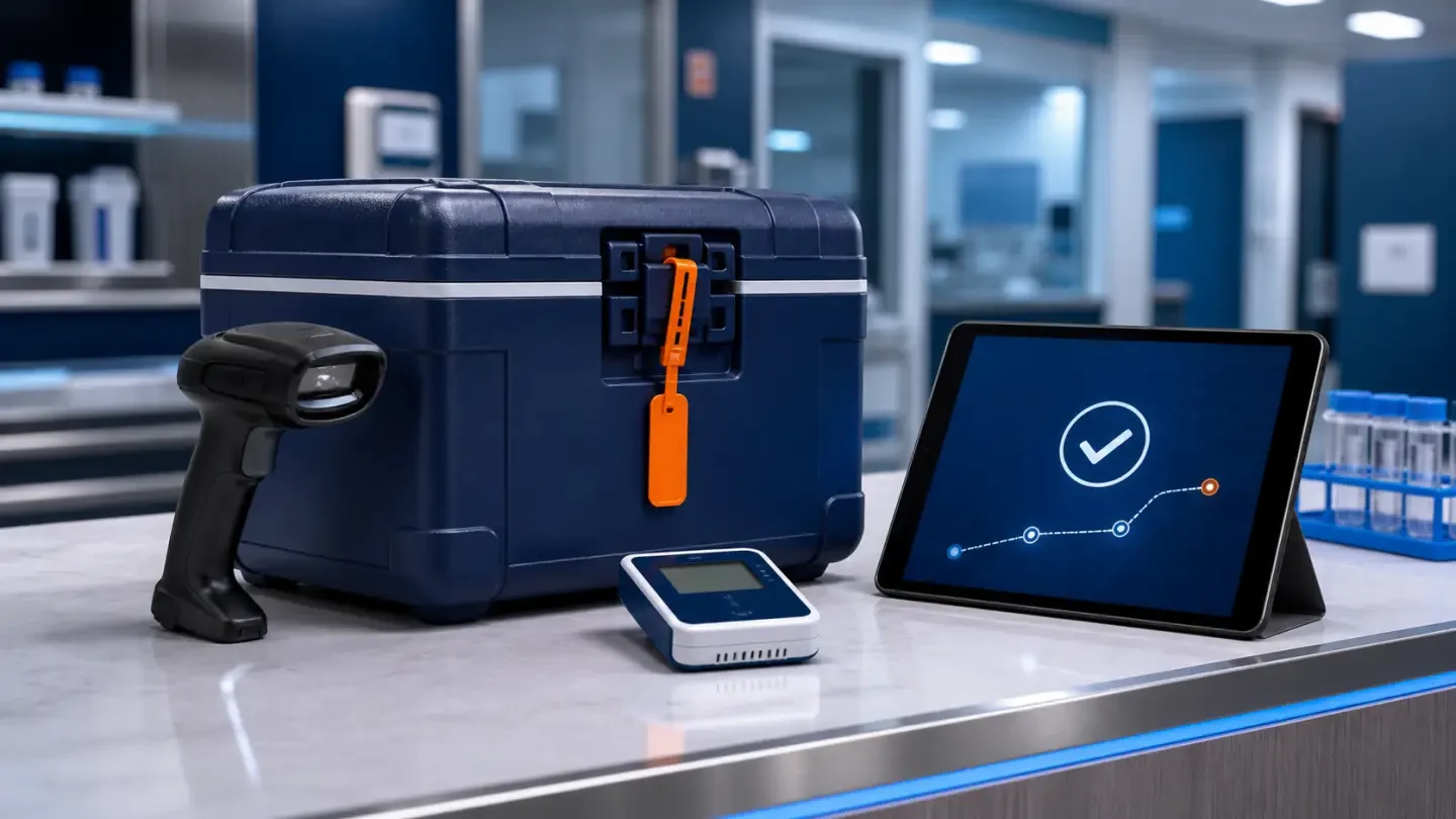 Sealed medical container alongside scanning and verification tools