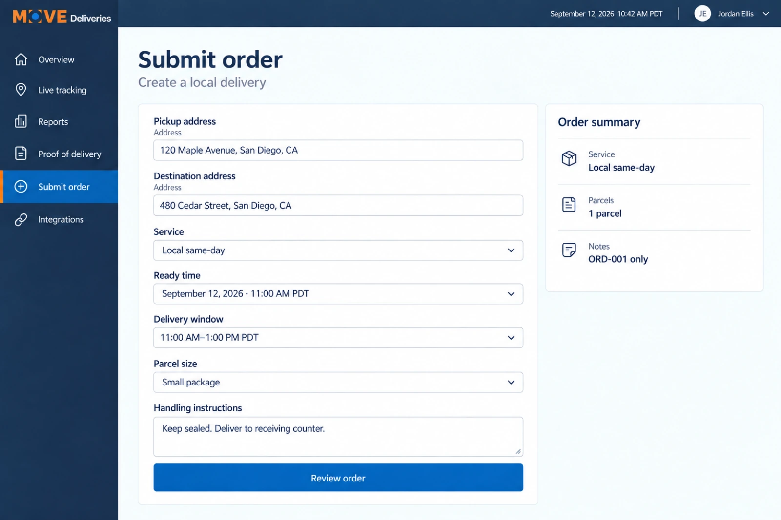 MOVE Deliveries order form for confirming pickup and delivery details