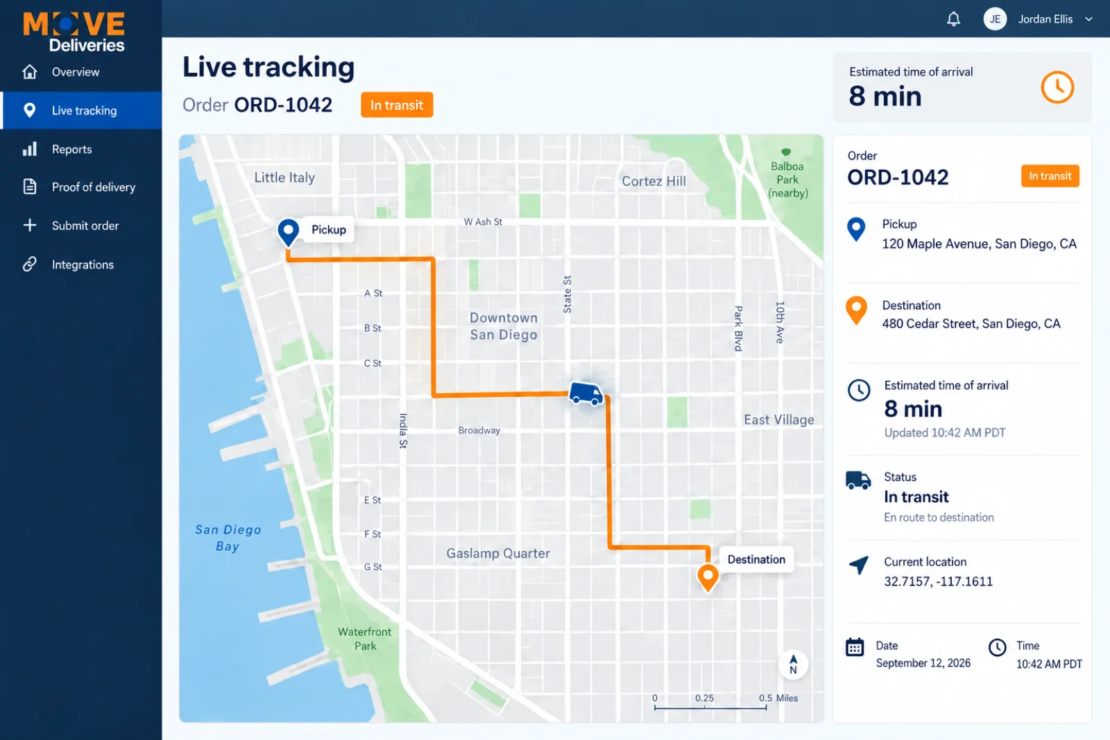 MOVE Deliveries local tracking screen with a van on a city route, pickup, destination and arrival estimate
