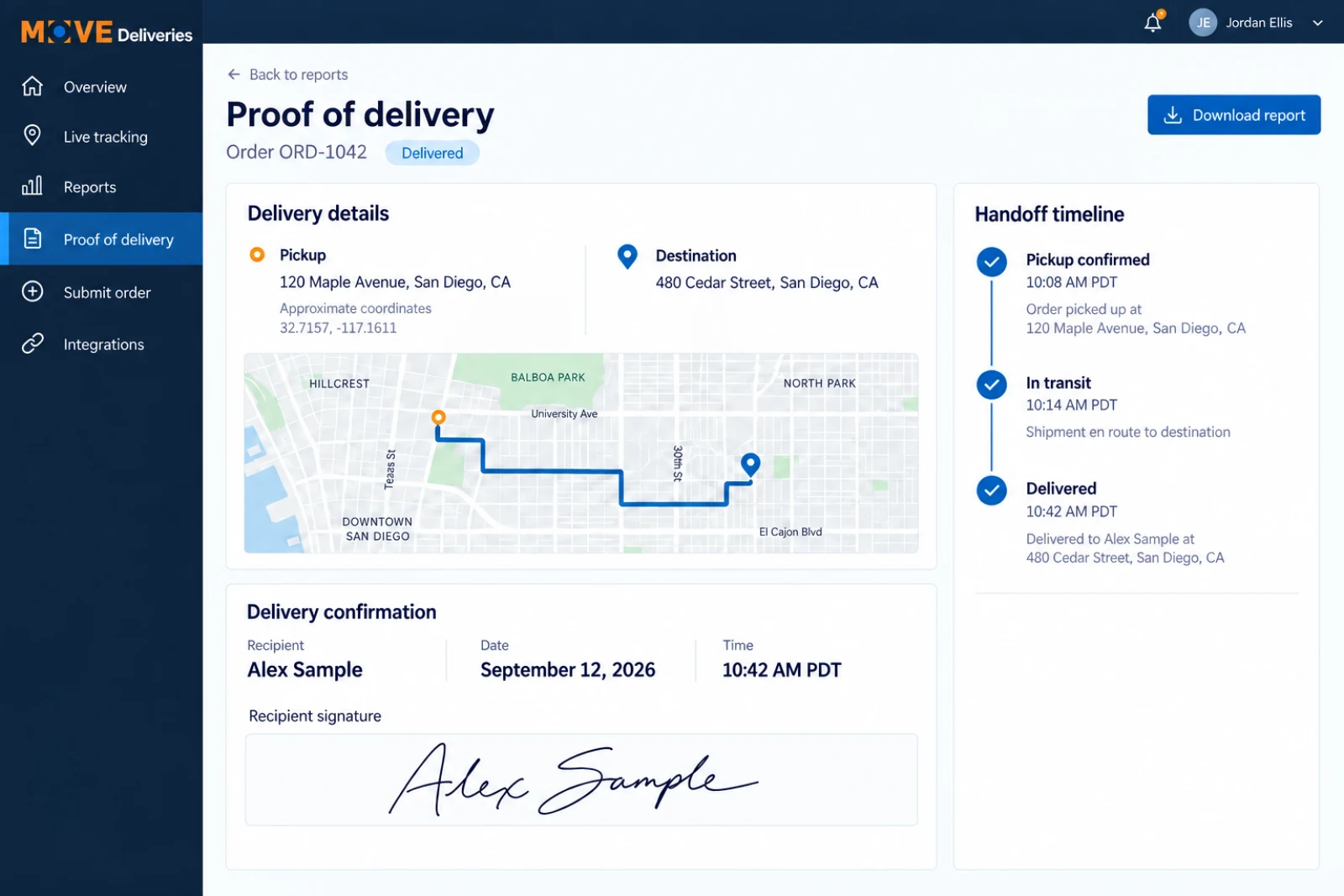 MOVE Deliveries proof-of-delivery report showing a recipient, signature, timestamp and local delivery timeline