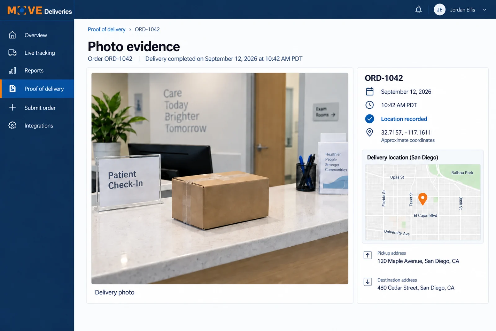 delivery photo evidence with timestamps and location coordinates