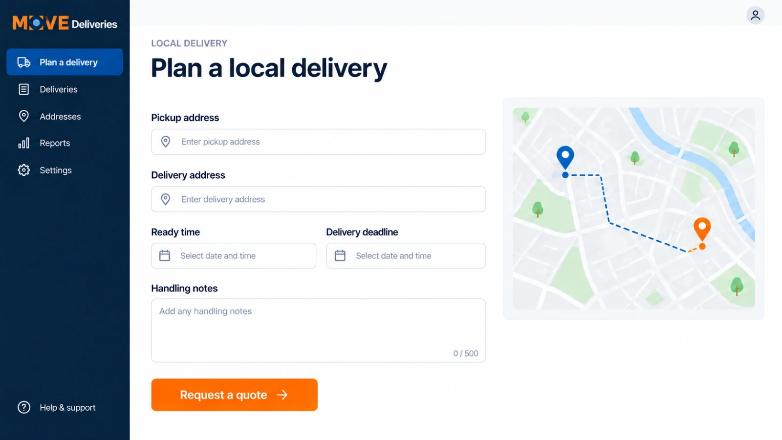 local delivery request form showing route, timing and handling fields