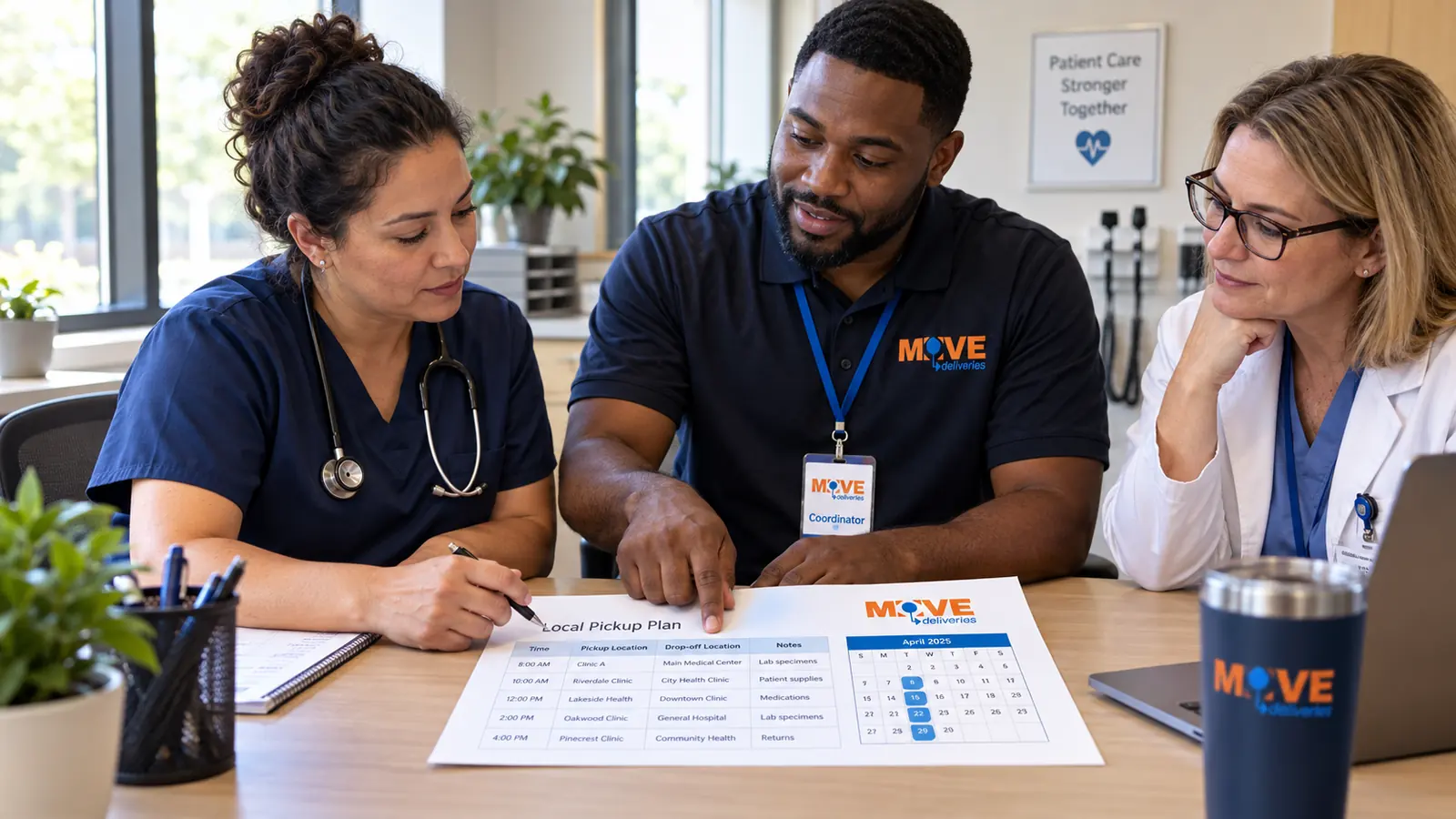 MOVE coordinator and clinic staff reviewing pickup expectations before service begins