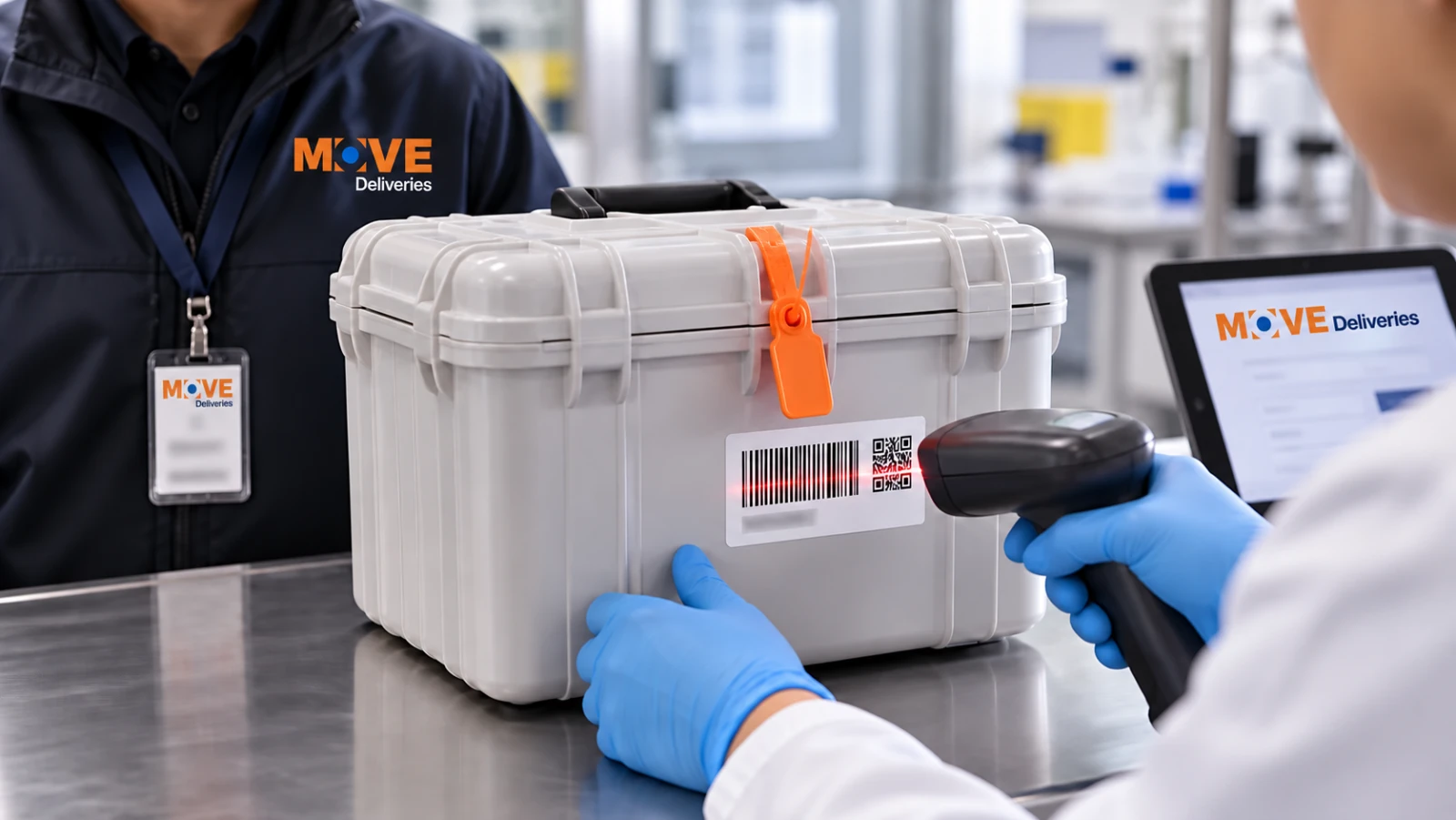 Receiving technician scanning a sealed transport carrier at a documented handoff