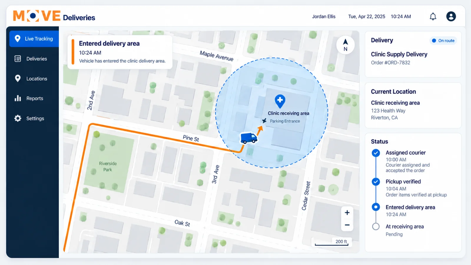 local geofence detecting entry into a clinic receiving area