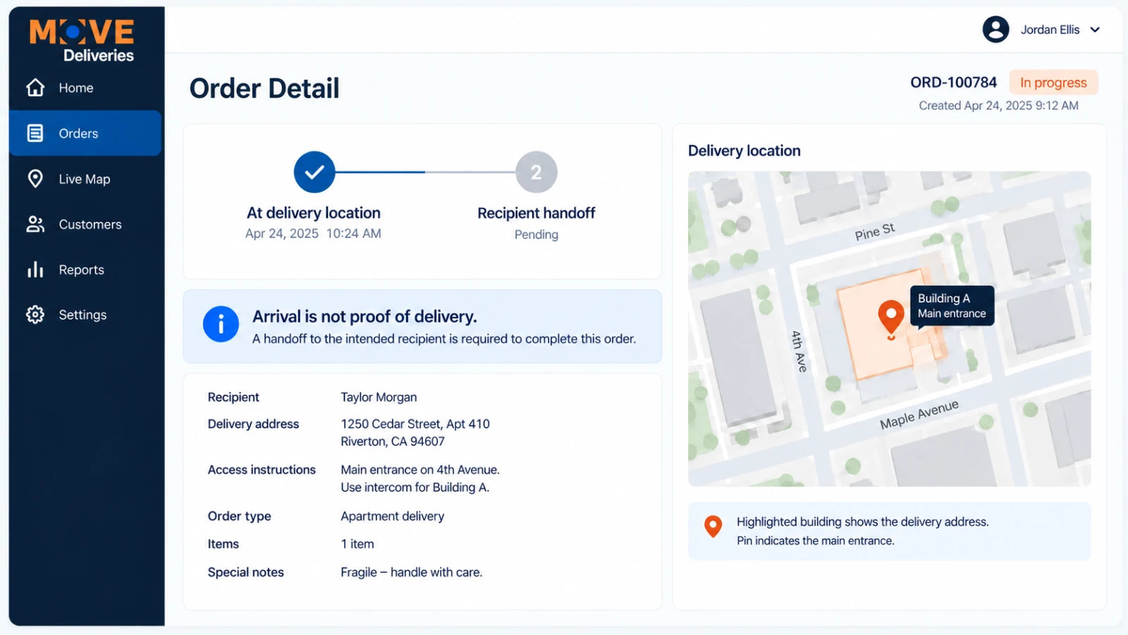 arrival event with recipient handoff still pending