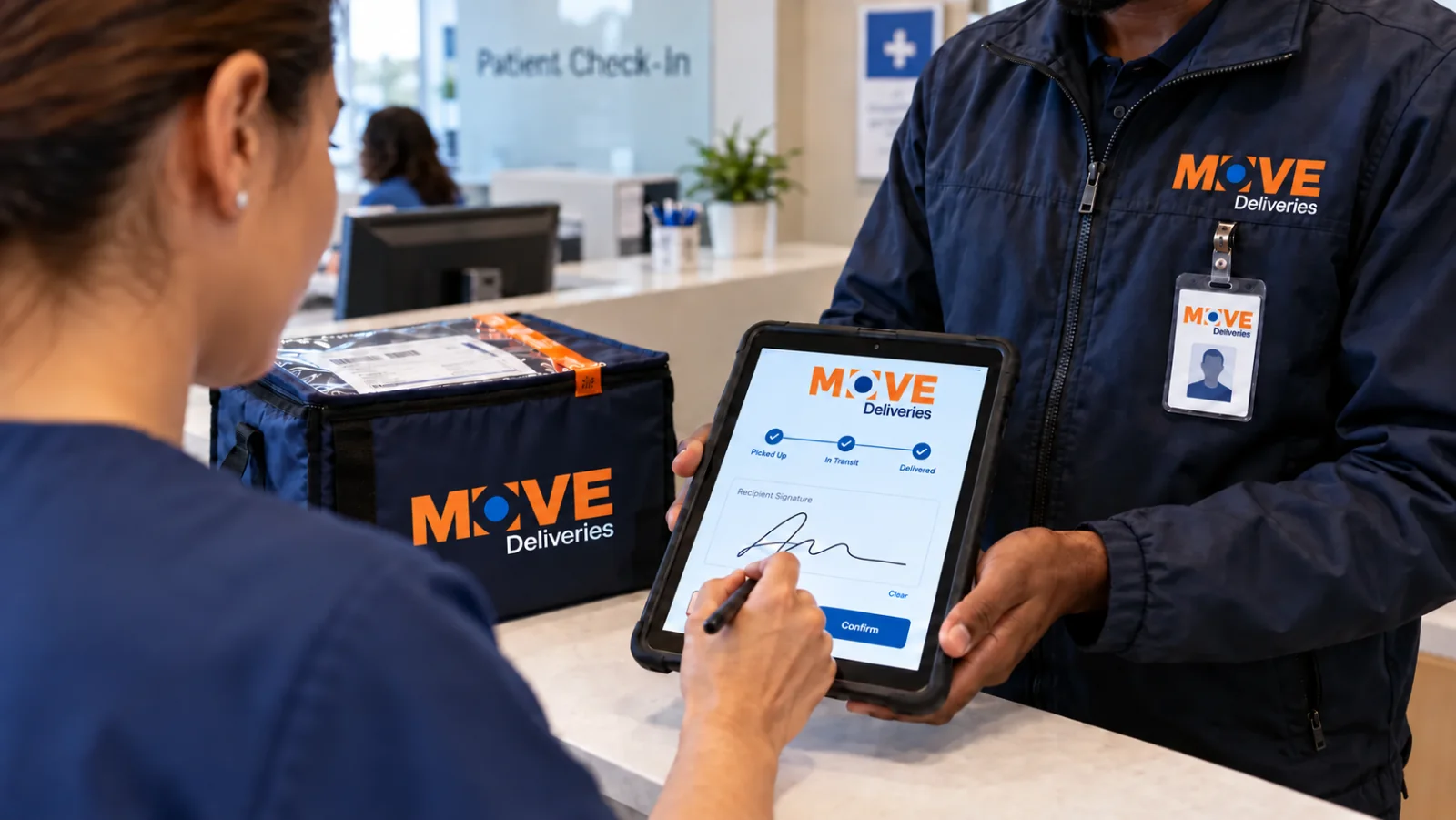 Recipient signing a courier tablet at a clinic receiving counter