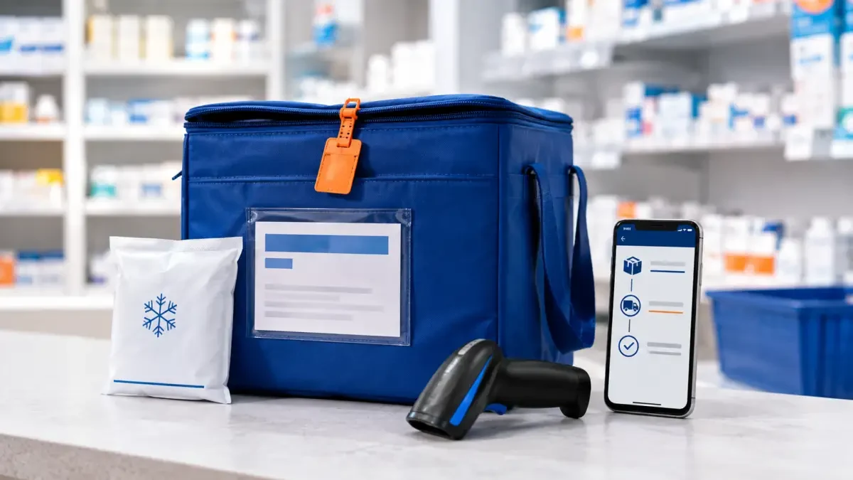 Prepared pharmacy delivery bag beside a delivery-status device