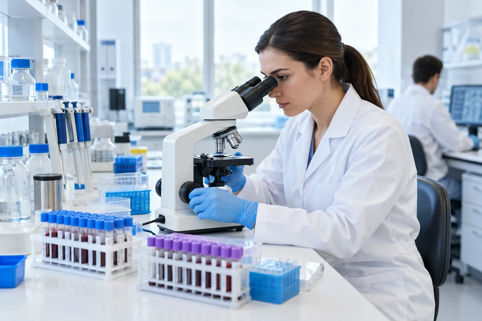 Laboratory technician using a microscope beside racks of closed specimen tubes