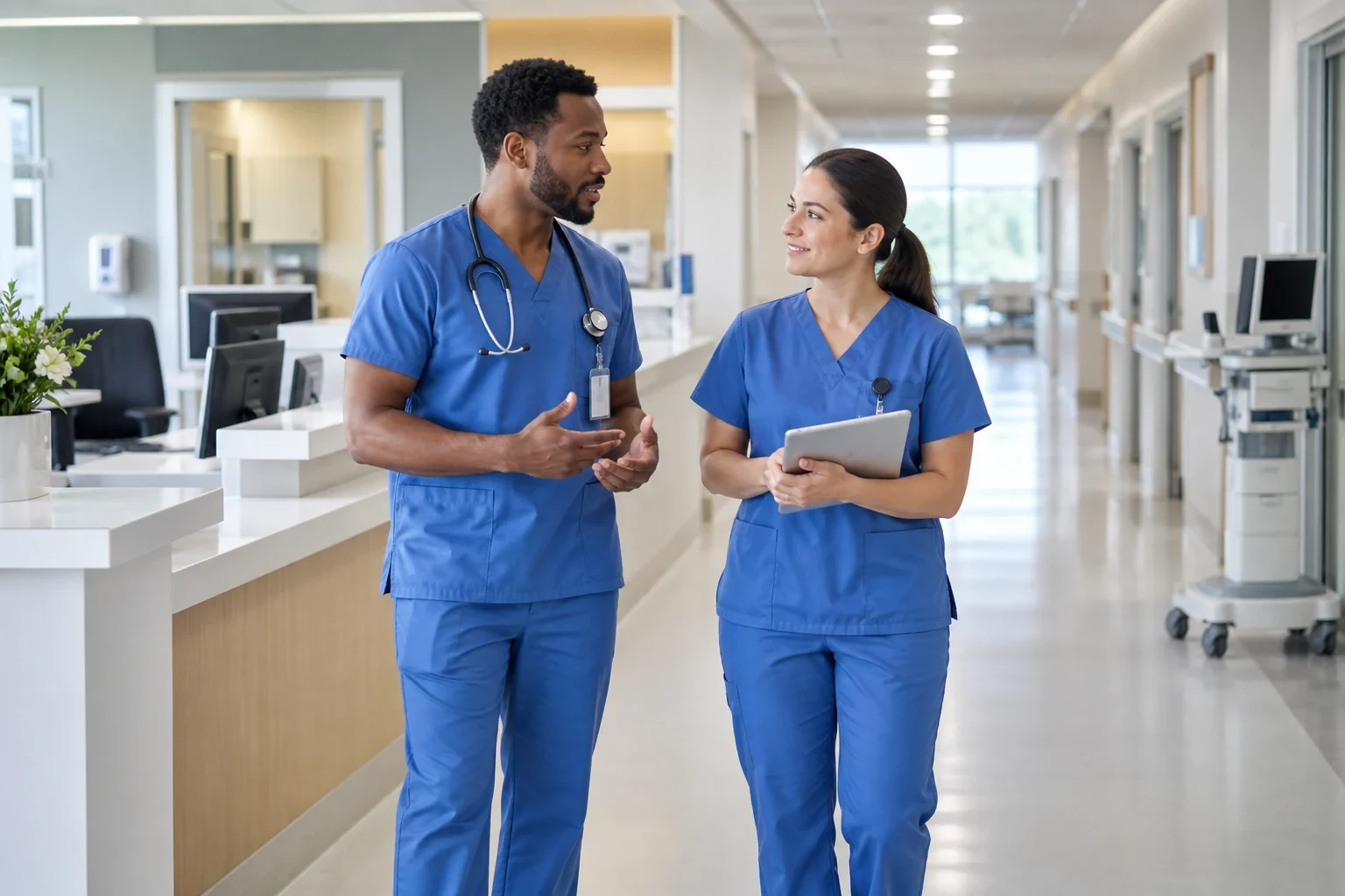 Two healthcare professionals in blue scrubs at a hospital nursing station