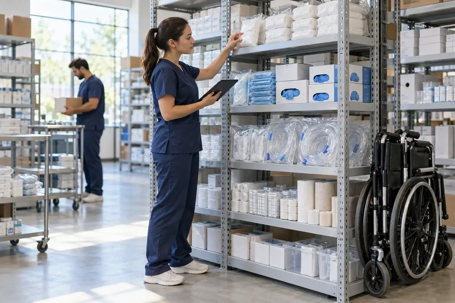 Medical supply team checking stocked clinical supplies beside a wheelchair
