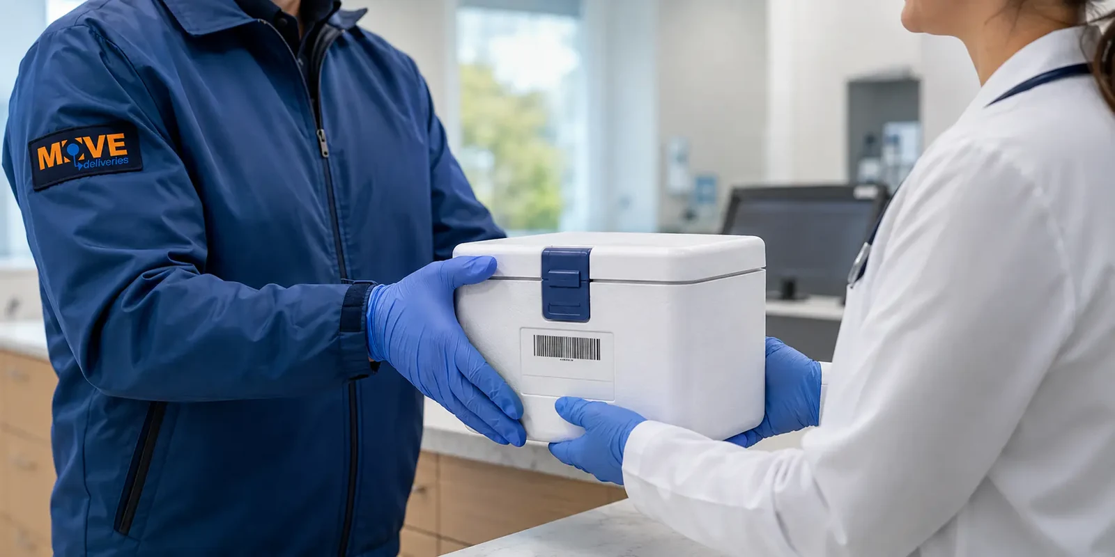 A MOVE-branded courier handing a sealed transport container to a healthcare worker