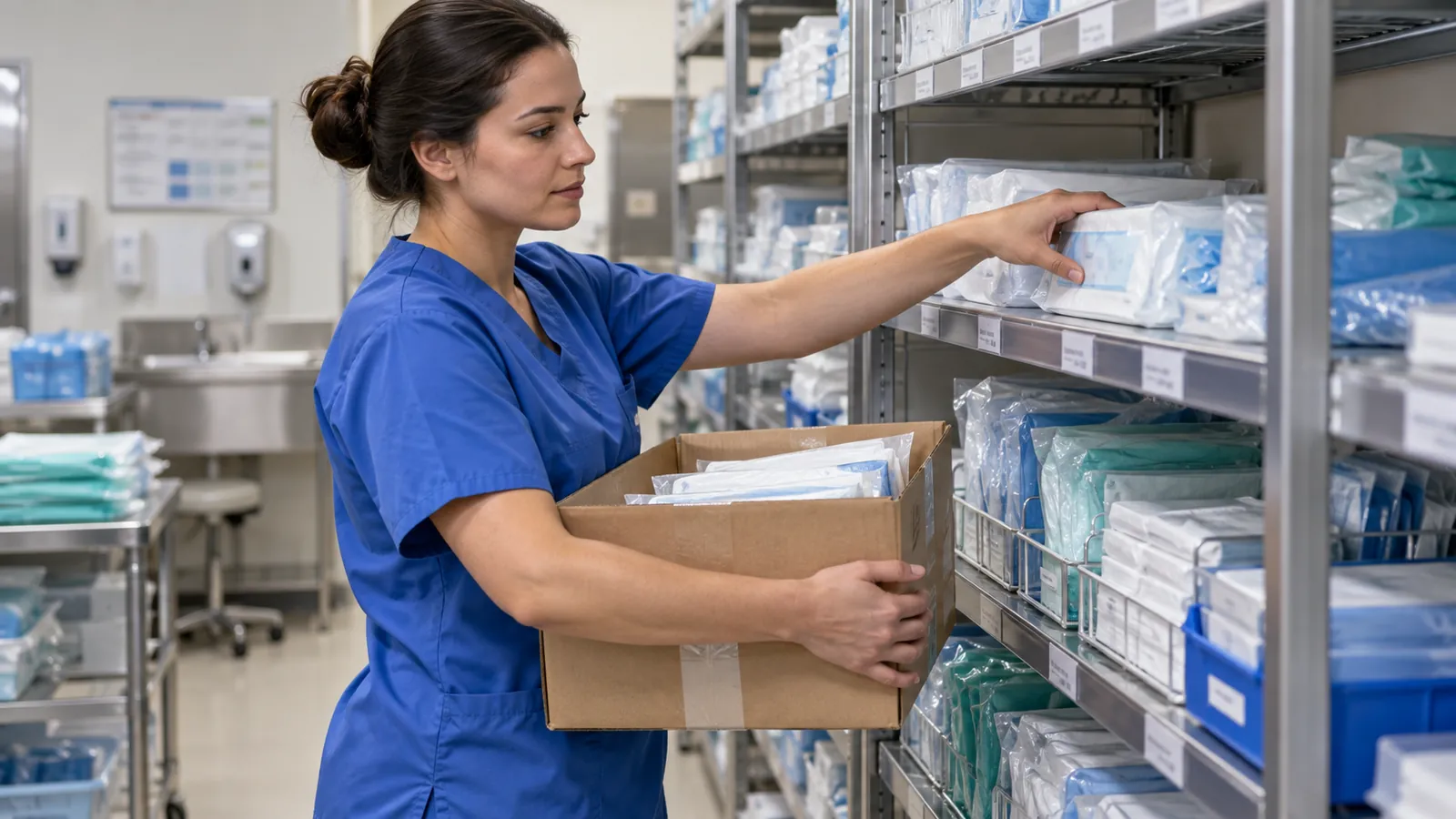 Packaged clinical supplies being replenished in a hospital utility room