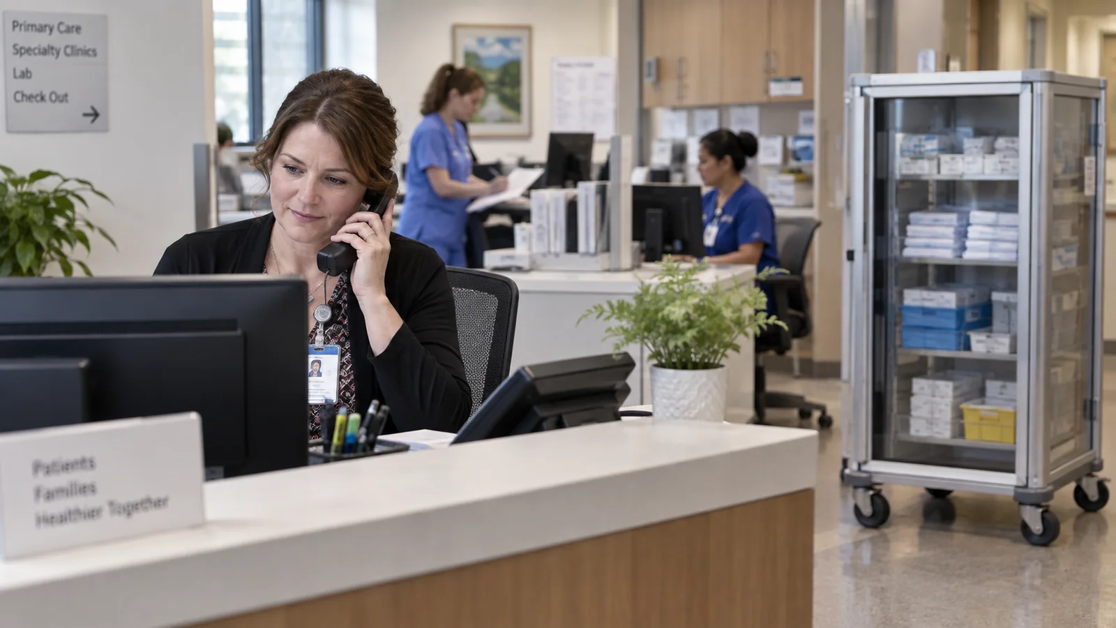 Clinic coordinator reviewing an arrival update while clinical staff continue their work