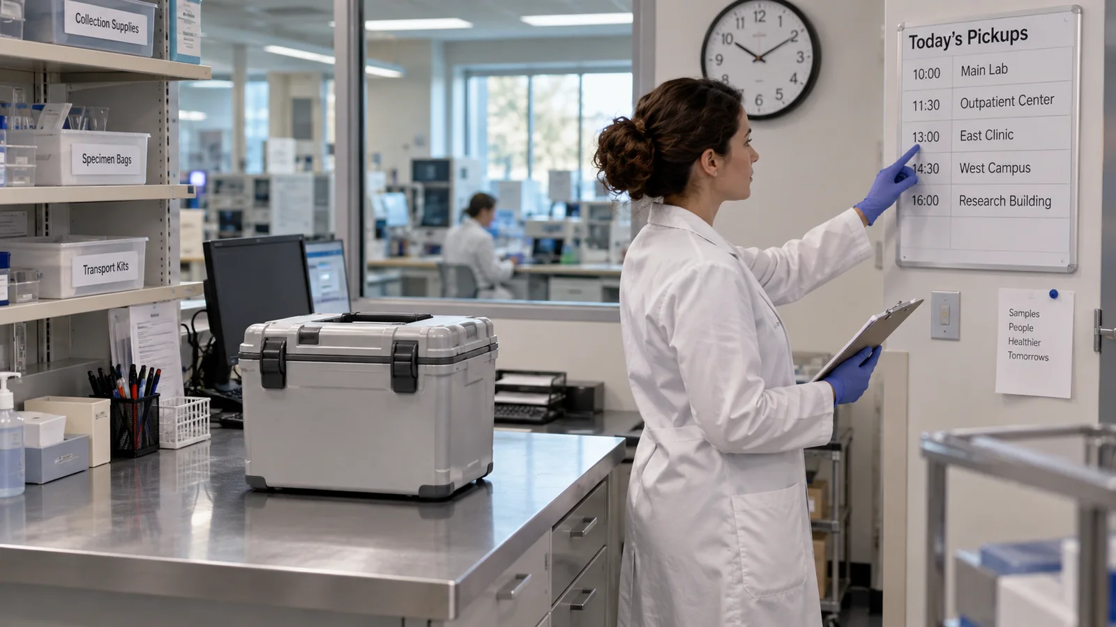 Laboratory staff preparing a sealed consignment for its scheduled collection
