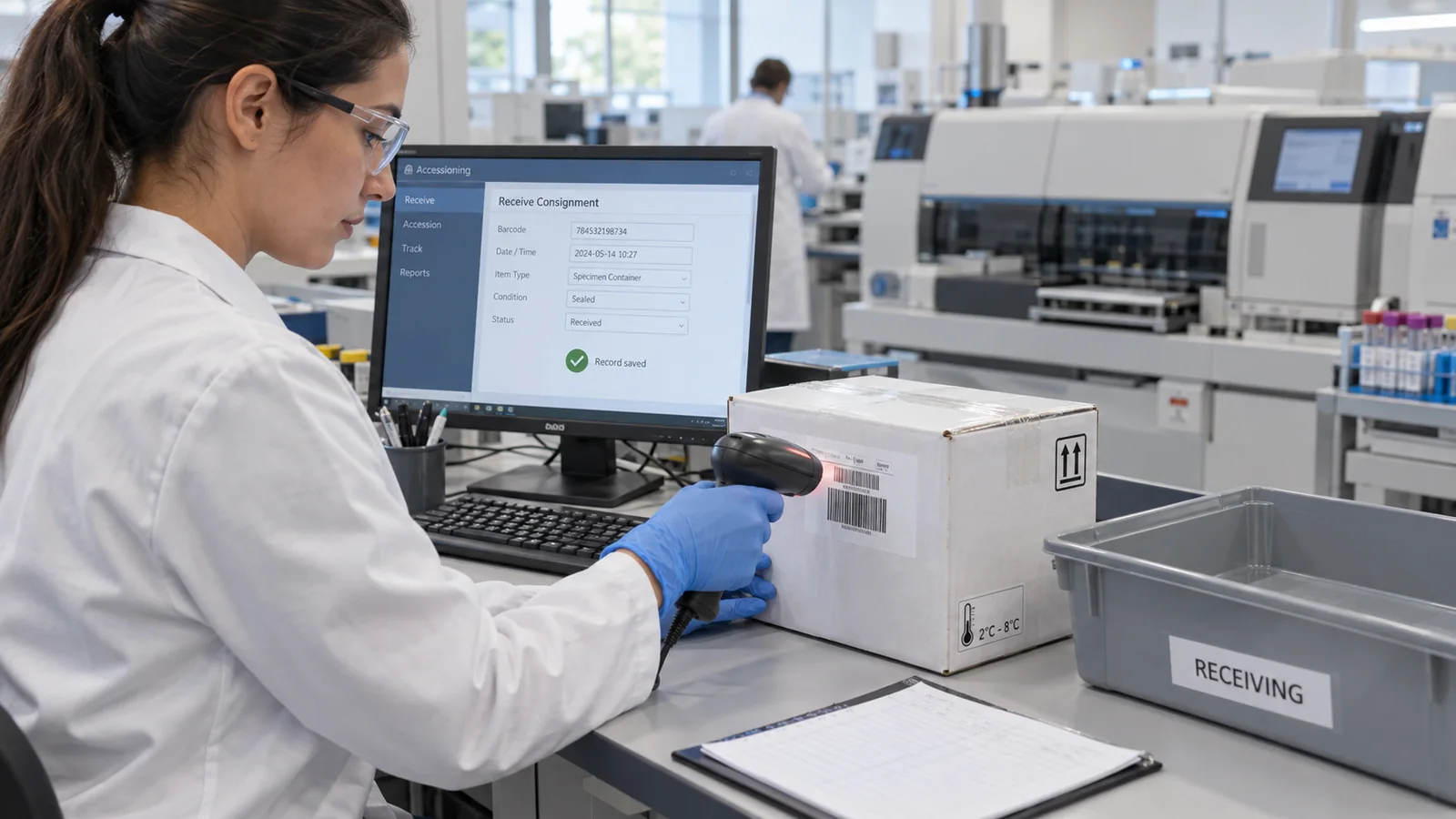 Laboratory accessioning technician recording a received consignment