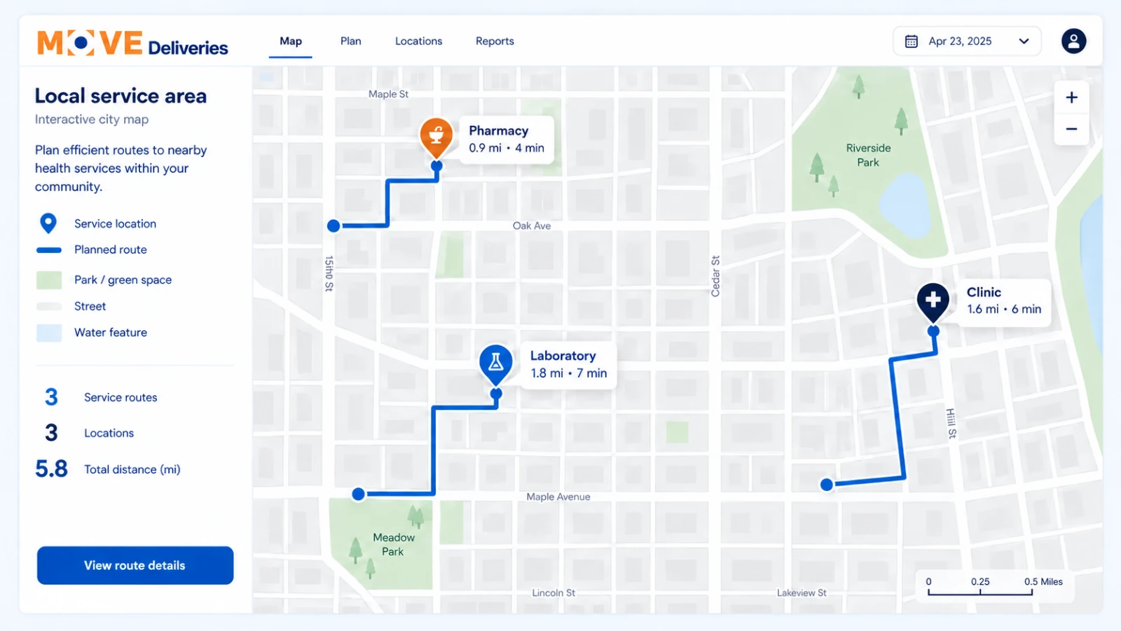 city-scale service map connecting nearby healthcare locations
