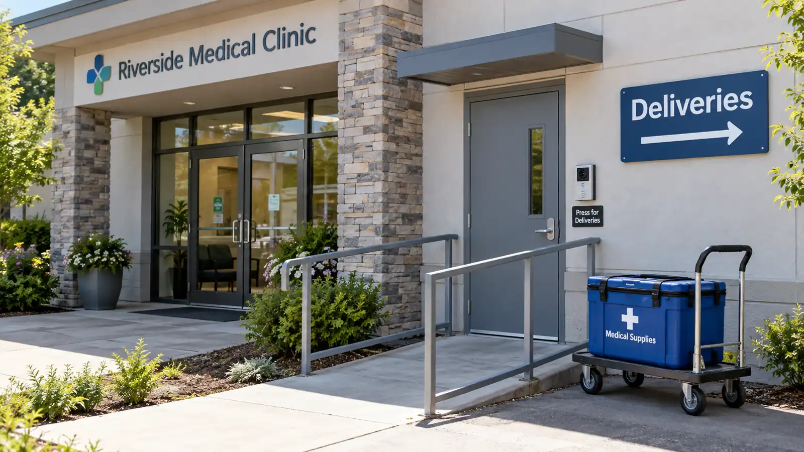 Clinic delivery entrance with receiving signage, access ramp and intercom