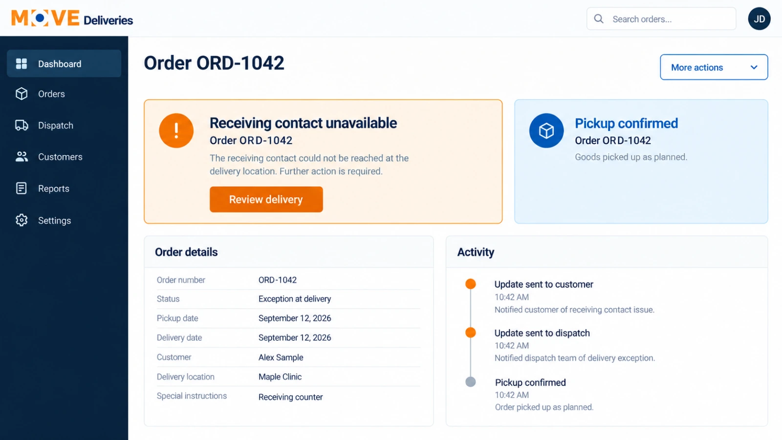 exception alert that distinguishes an unresolved handoff from completed delivery