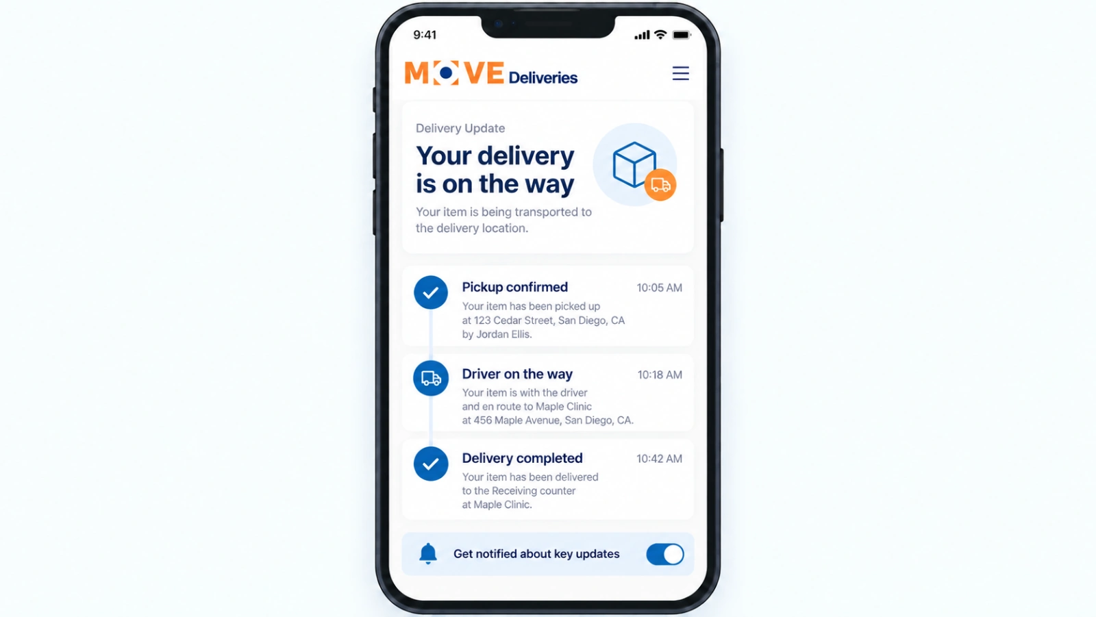MOVE Deliveries mobile notifications for pickup, transit and completion