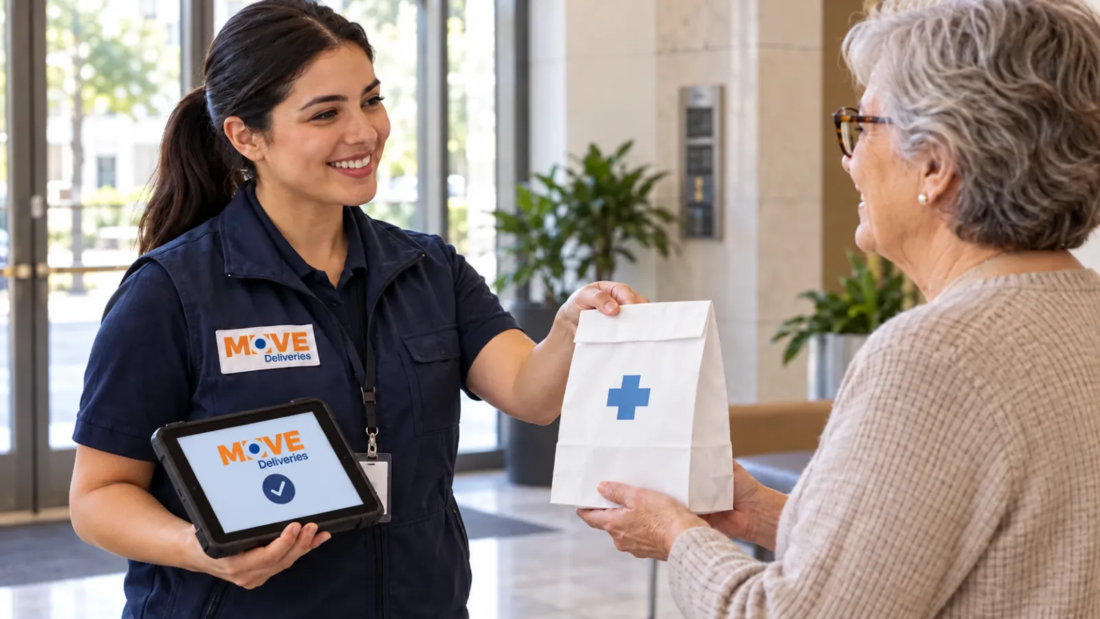 MOVE courier completing a prescription delivery with an authorized recipient