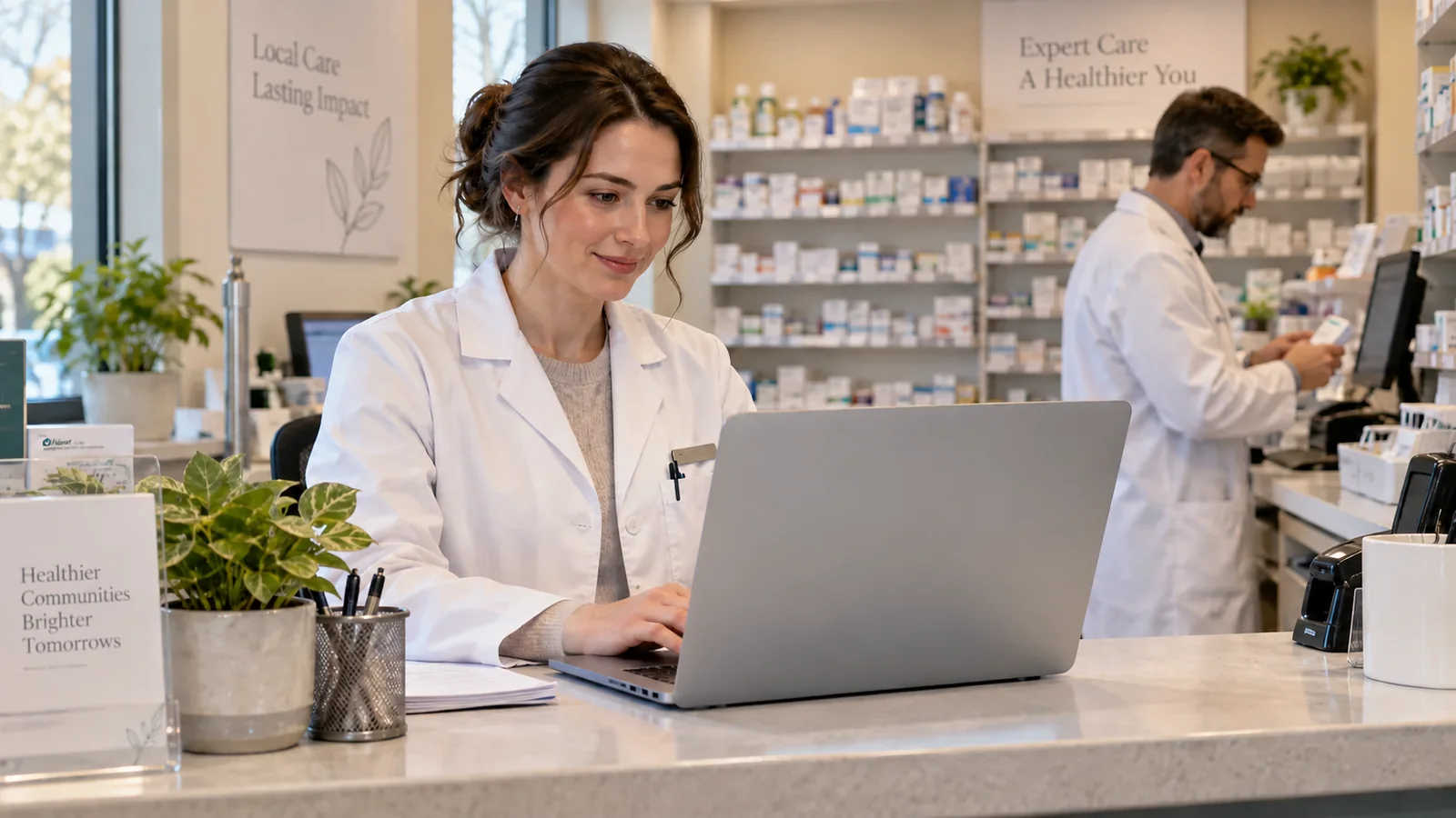 Pharmacy staff checking delivery progress while continuing counter work