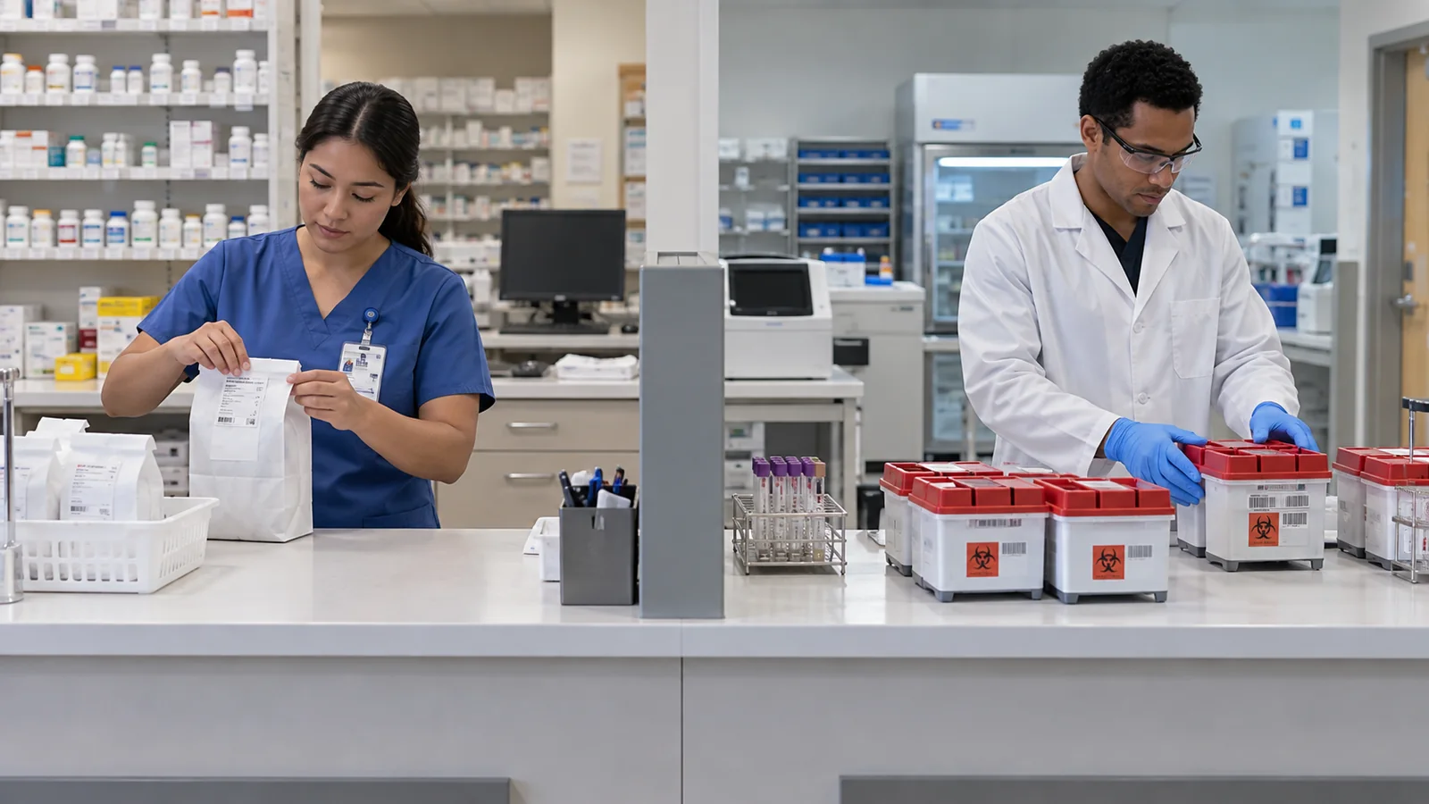 Separate pharmacy and laboratory consignments prepared at a local healthcare pickup counter