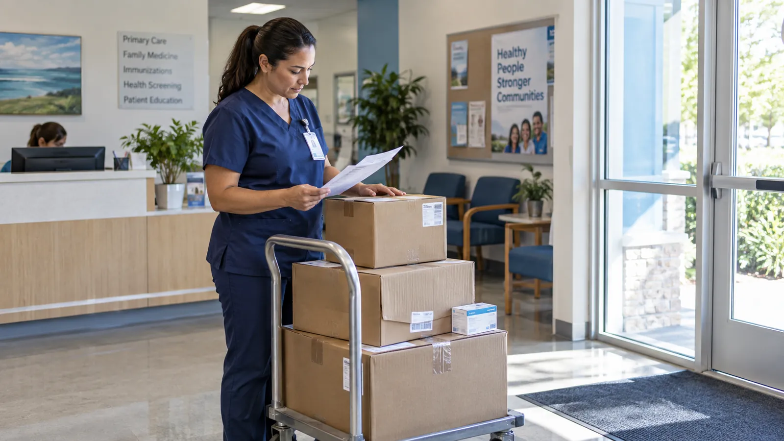 Clinic materials coordinator checking locally delivered medical supplies