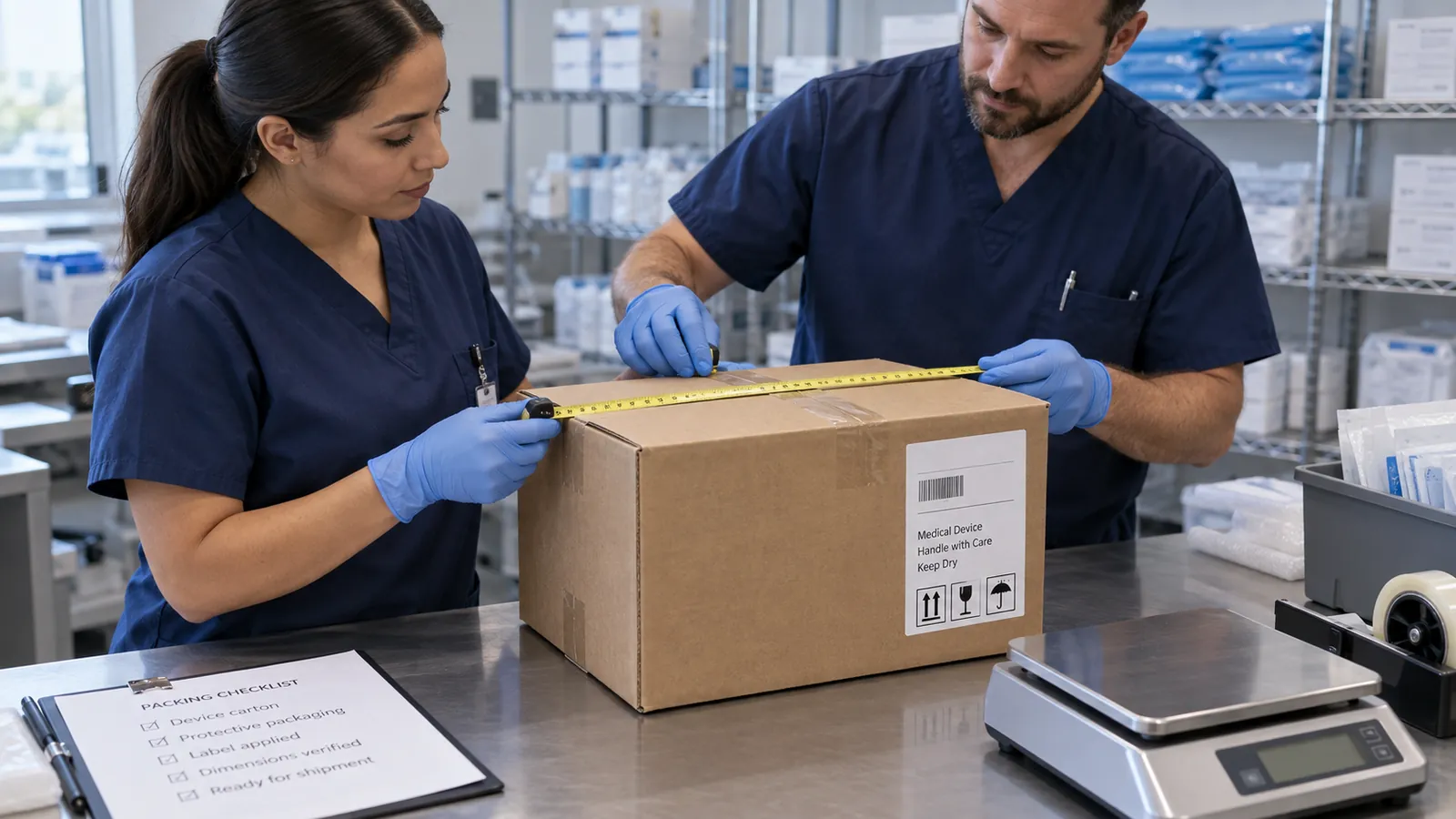 Medical supplier checking package dimensions and handling requirements before dispatch