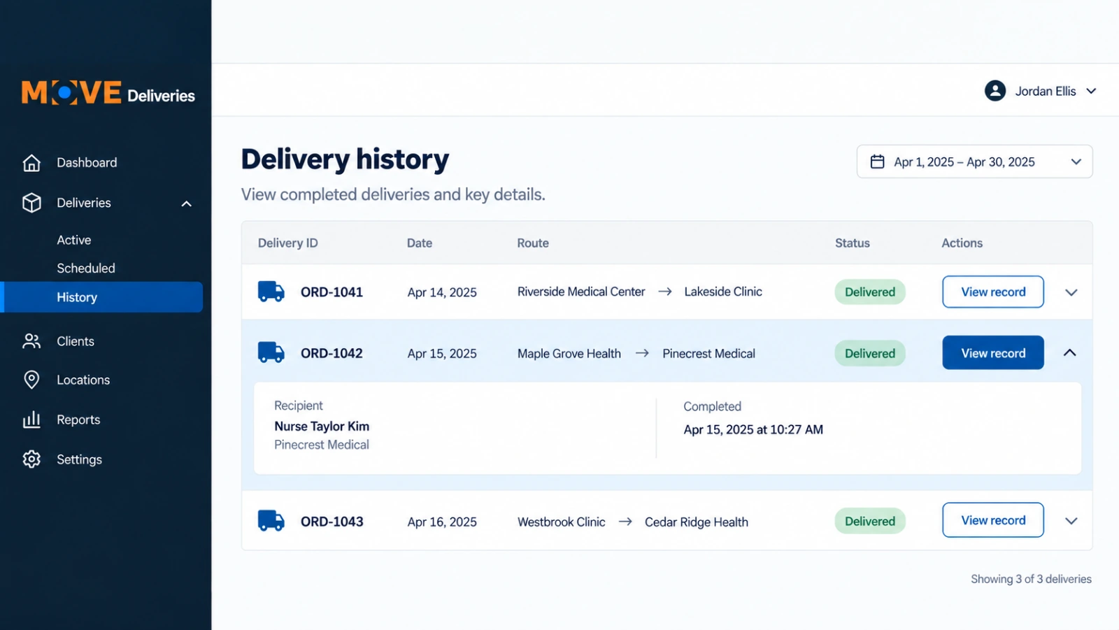 MOVE Deliveries delivery-history screen with searchable completion records
