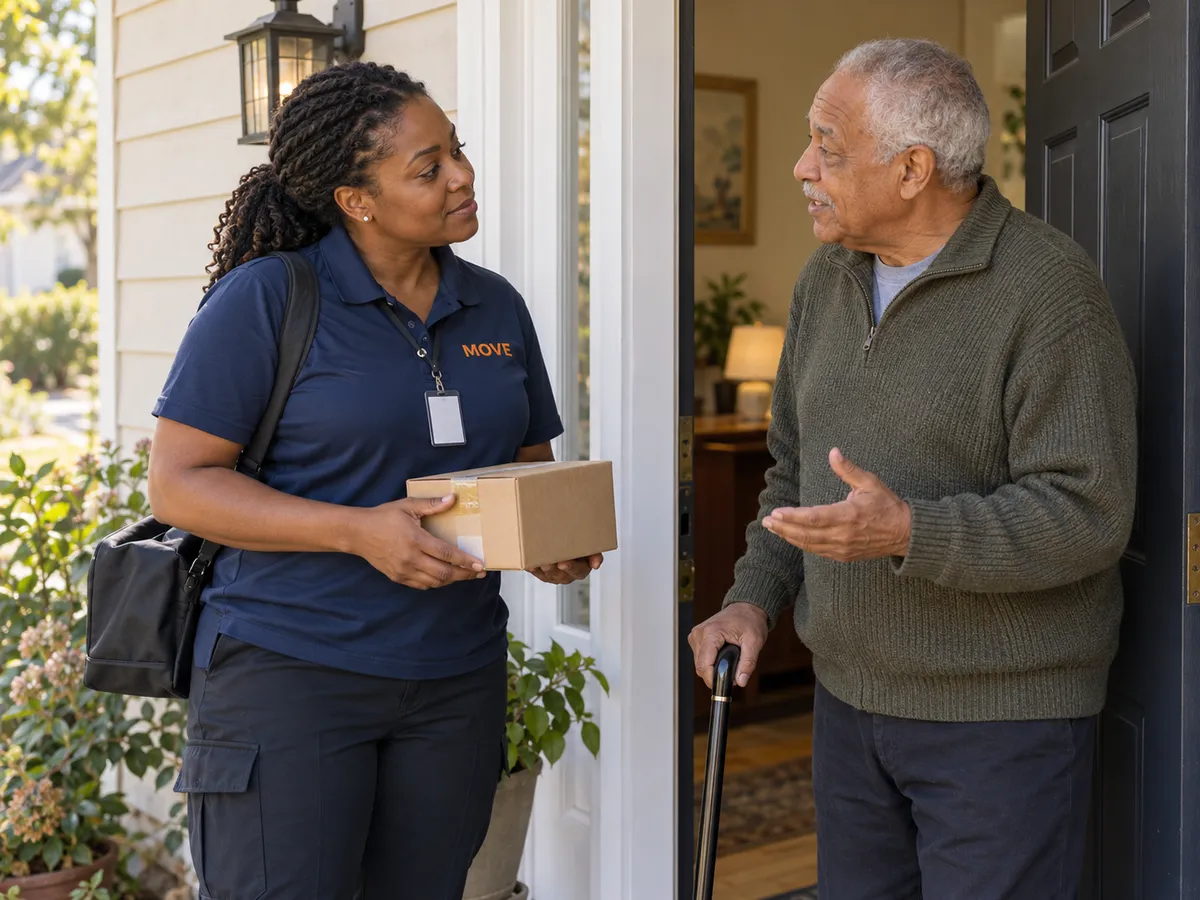 MOVE courier patiently listening to an older recipient while holding his delivery securely