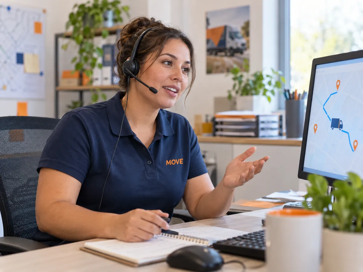 MOVE coordinator listening through a headset while explaining a delivery update