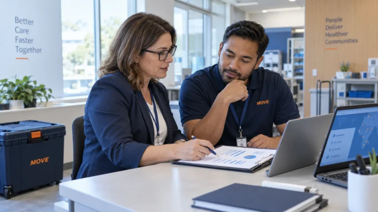 Healthcare procurement manager and courier coordinator reviewing a delivery report beside a sealed transport tote.