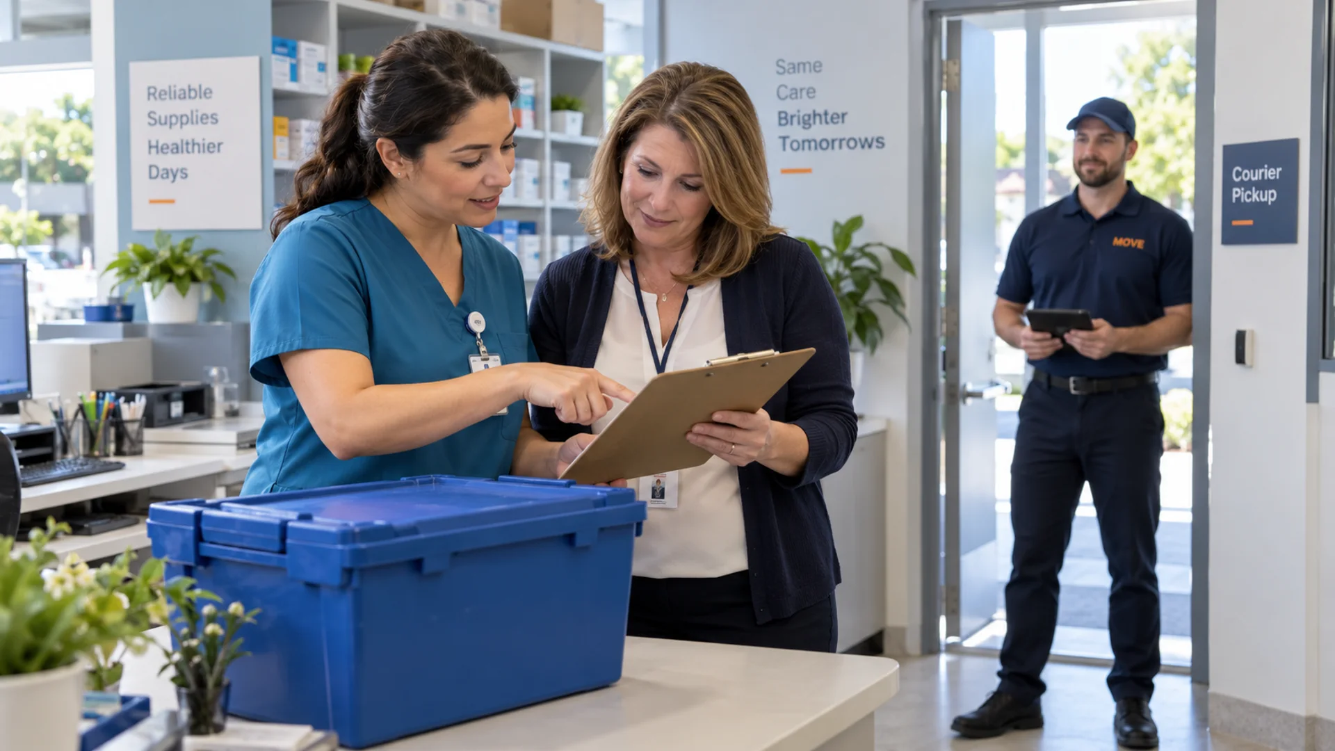 Clinic coordinator and front-desk manager checking a delivery request while a courier waits at a designated pickup entrance.