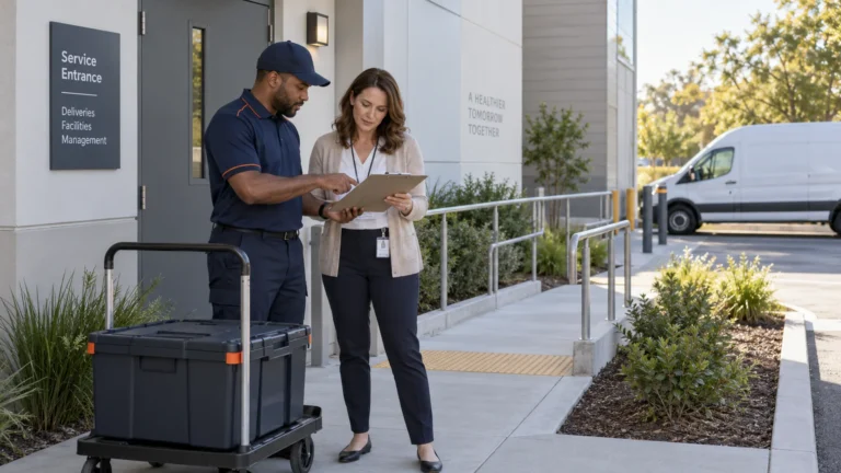 Courier and clinic facilities coordinator reviewing a site-access plan beside a service entrance, transport cart and cargo van.