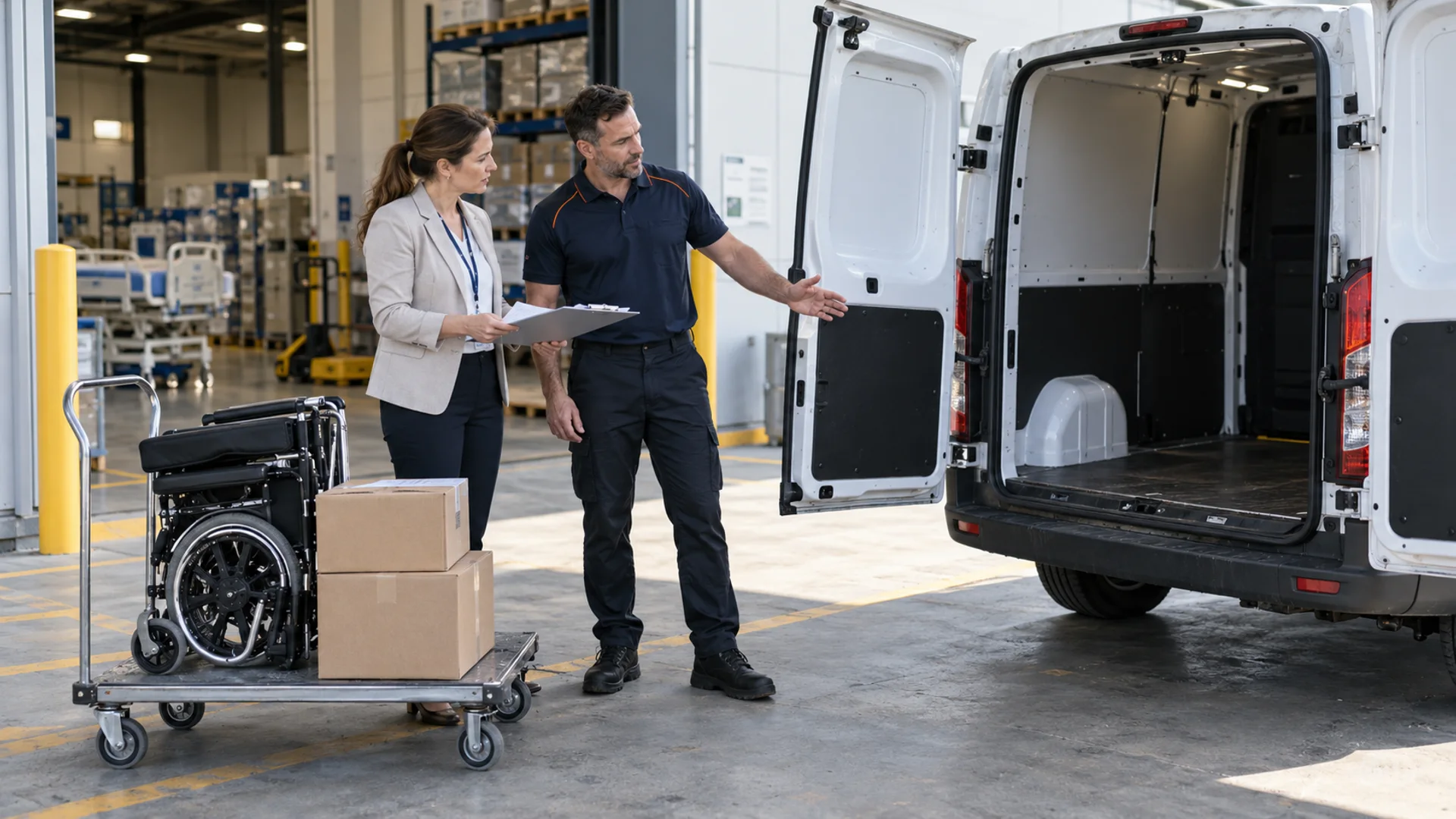 Medical supplier manager and courier coordinator reviewing cargo-van space beside a staging cart with a folded wheelchair and boxes.