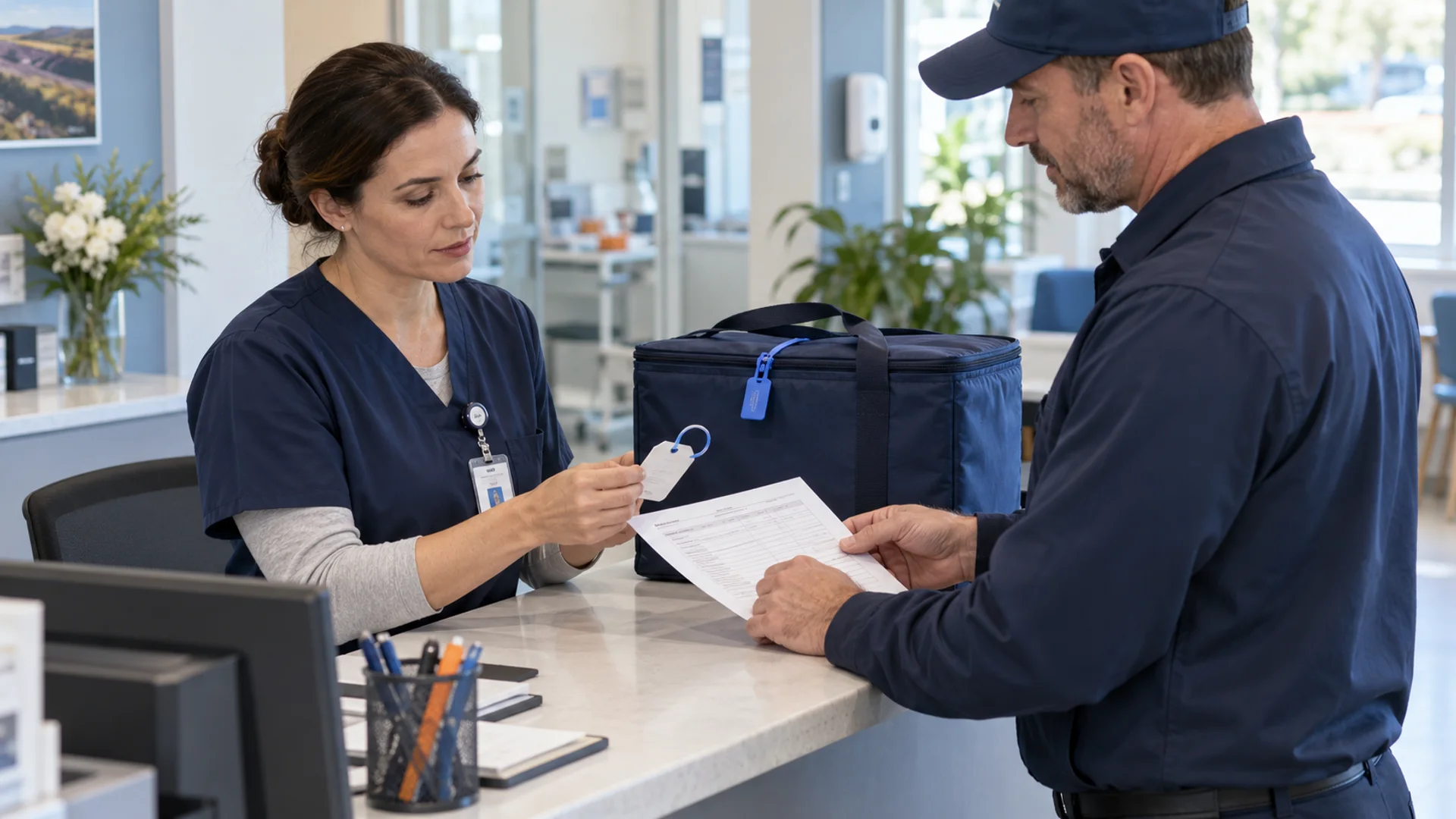 Receiving administrator and courier matching a plain transport-unit tag with an event record beside a sealed blue tote.