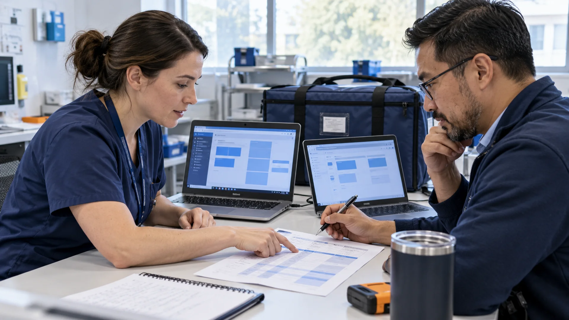 Healthcare operations analyst and technical coordinator reviewing a courier field-mapping worksheet beside two laptops.