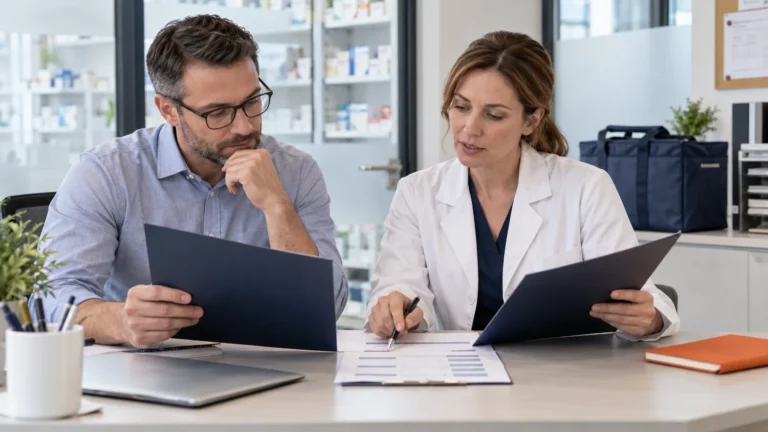 Two pharmacy procurement professionals comparing proposal folders and a scope worksheet in a private pharmacy office.