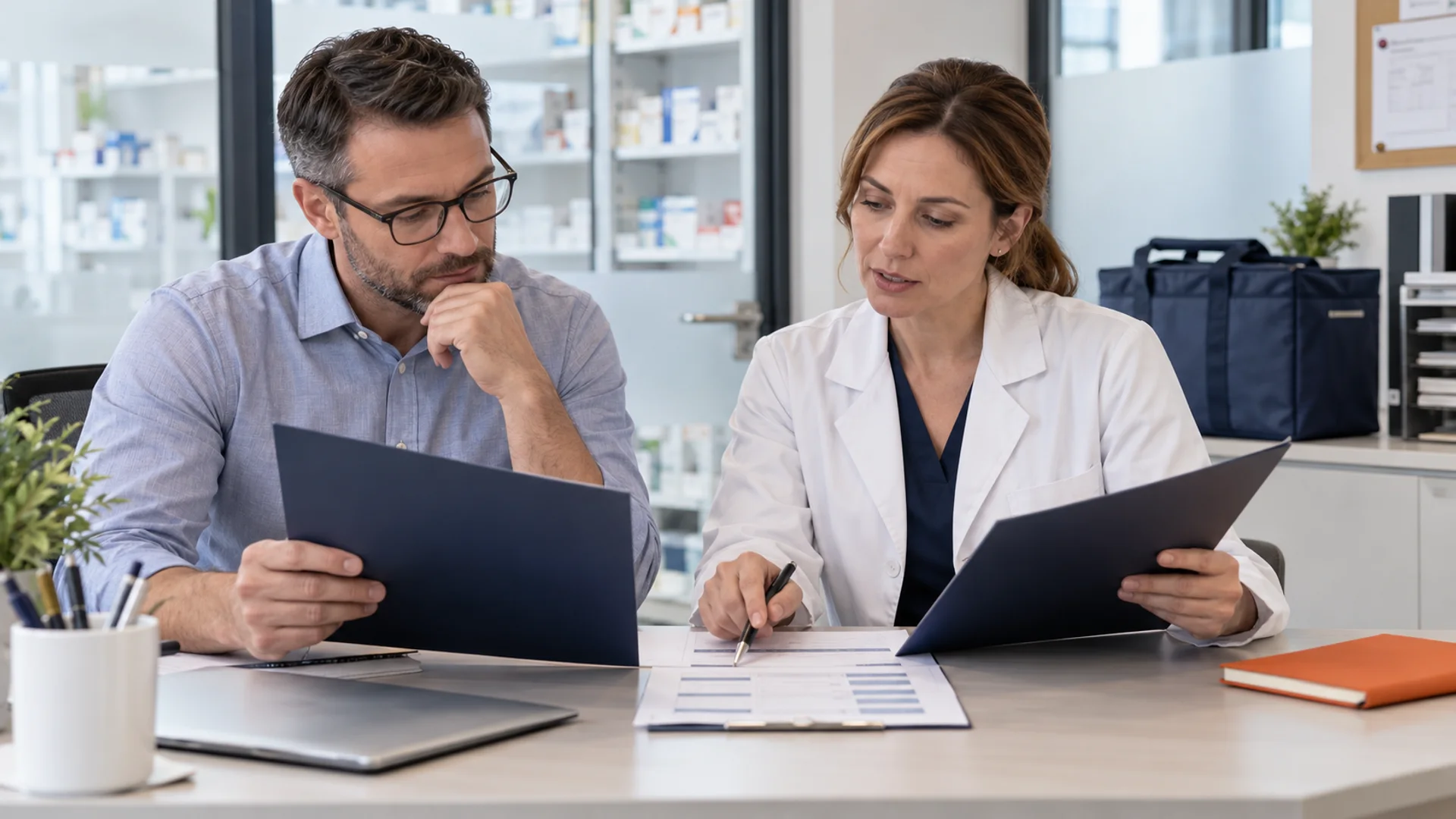 Two pharmacy procurement professionals comparing proposal folders and a scope worksheet in a private pharmacy office.