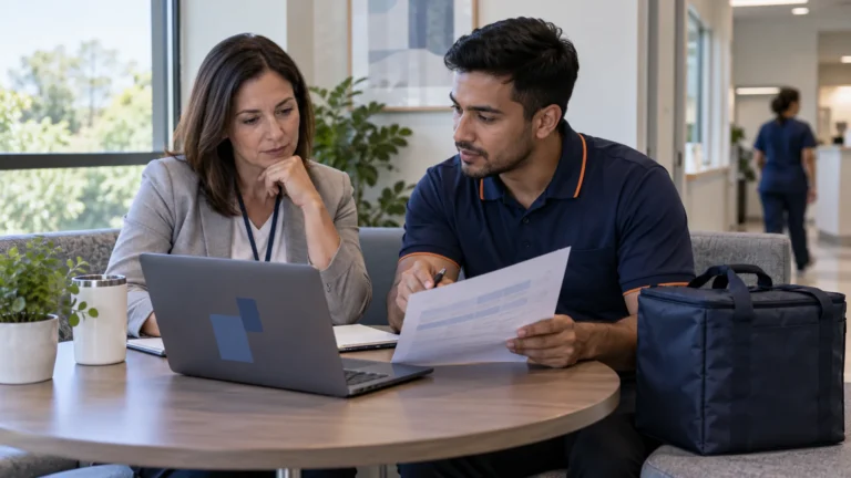 Healthcare operations professionals reviewing a platform access worksheet beside an angled laptop and closed courier tote.