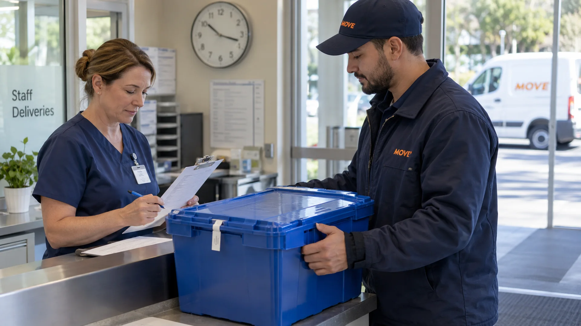 Clinic receiving manager and courier confirming a sealed transport tote and receiving checklist at a staff delivery desk.
