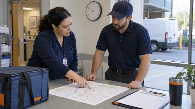 Transport coordinator and stationary courier reviewing a local-route sketch and receiving schedule near a parked cargo van.